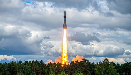 Rocket launching into the sky, surrounded by green trees and dramatic clouds, showcasing technology
