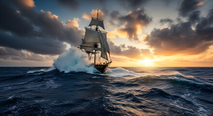 Dramatic Sailboat Sailing Through Stormy Ocean Waves at Sunset - Nautical Vessel, Sea Voyage.