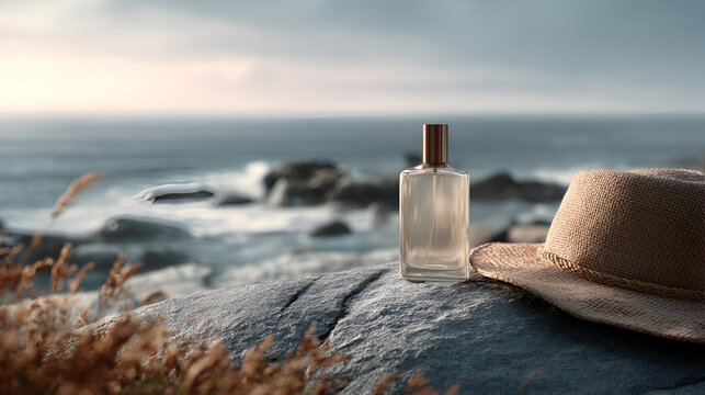 Coastal Fragrance: A serene beach setting complements an elegant perfume bottle and a natural straw hat.