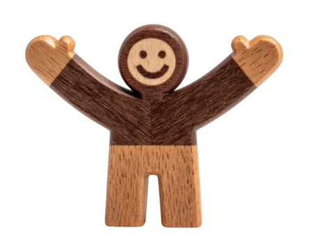Wooden figurine person with smiling face, arms raised in cheerful pose, isolated on transparency background, handcrafted toy, natural wood texture, playful and happy expression