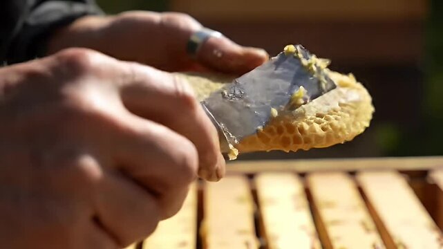 Closeup image of honeycombs being harvested displaying detailed honeycomb structure and golden yellow color beekeeping tools showing natural food production