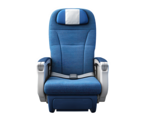 Airplane seat blue fabric isolated transparency background comfortable travel safety belt modern armrest economy class relaxation