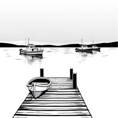 A wooden dock where fishing boats return at dusk