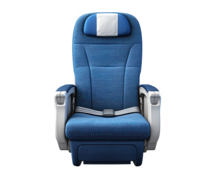 Airplane seat blue fabric isolated transparency background comfortable travel safety belt modern armrest economy class relaxation