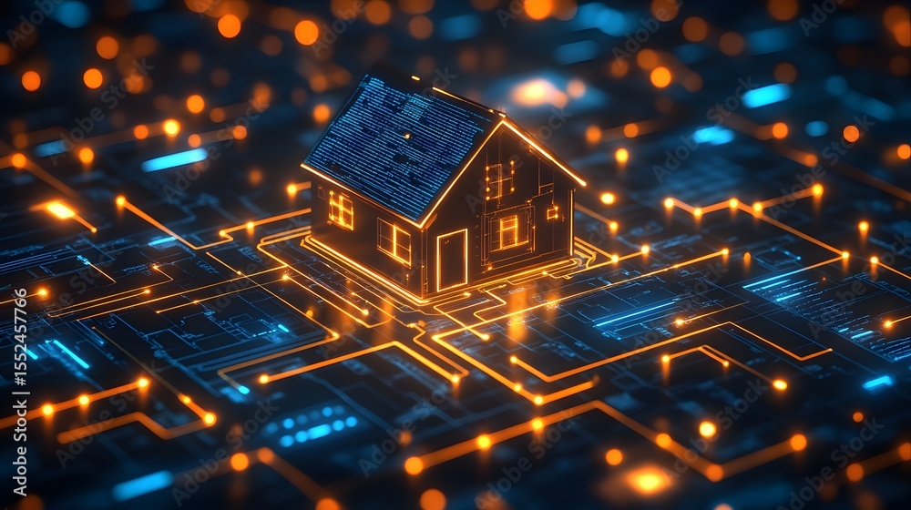 Poster A digital representation of a smart home, depicted as a miniature house nestled within a complex circuit board, symbolizing the interconnectedness of modern home technology.