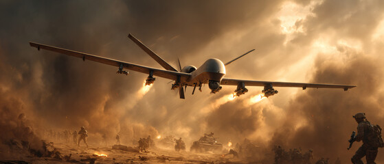 Futuristic Armed Surveillance Drone in Battle