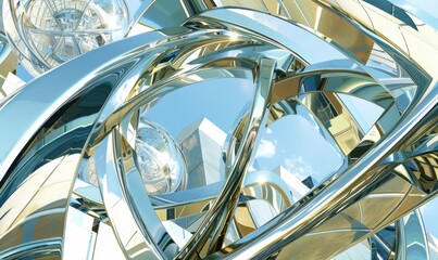 Abstract metallic forms intertwined reflective surfaces futuristic design