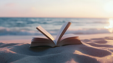 Open book on a serene beach at sunset, inviting reading and relaxation against a beautiful ocean backdrop.