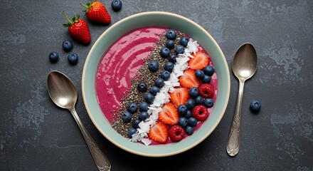 Indulge in a vibrant berry smoothie bowl, adorned with fresh strawberries, blueberries, raspberries, chia seeds, and shredded coconut, a delightful and healthy breakfast or snack.
