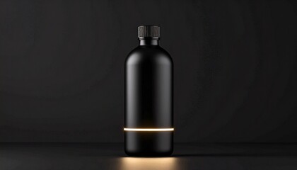 Elegant Dark Bottle: A sleek, dark bottle glows against a deep black backdrop, showcasing minimalist design and sophistication.
