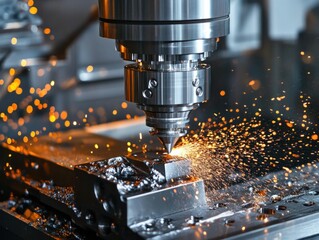 Precision metalworking machine in action.  Sparks fly as a cutting tool shapes metal