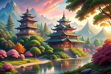 Naklejka premium Serene Asian-inspired landscape featuring two tiered pagodas nestled amidst lush greenery, a tranquil pond reflecting the sunset's warm hues over majestic mountains