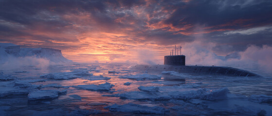 Submarine Surfacing in Arctic Ice Field at Sunset