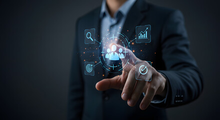 Business Man Touching Digital HR Management Interface