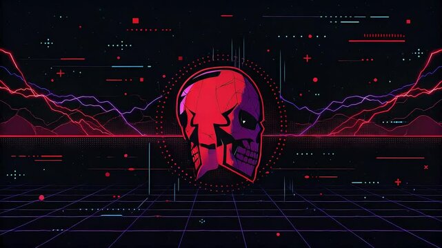 Cyberpunk Skull Animation: Futuristic Tech, Digital Art, Neon Aesthetics - Powered by Adobe
