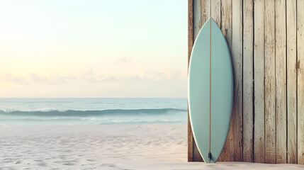 Surfboard leaning on weathered wooden wall against a tranquil beach backdrop at sunrise or sunset.