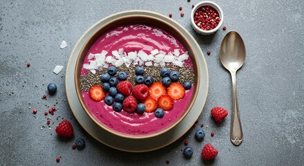 Indulge in this vibrant berry smoothie bowl, a delightful symphony of fresh raspberries, blueberries, strawberries, chia seeds, and coconut flakes