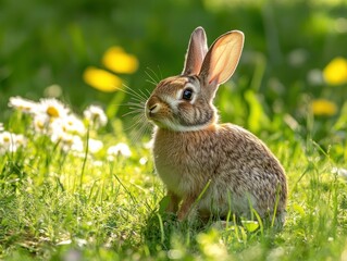 Fototapeta premium Rabbit in a grassy meadow, surrounded by wildflowers