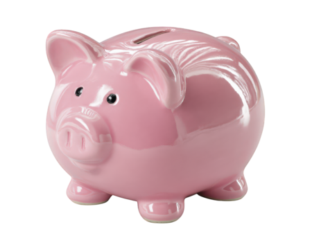 Pink piggy bank ceramic glossy coin slot savings finance isolated transparency background cute money box cheerful expression