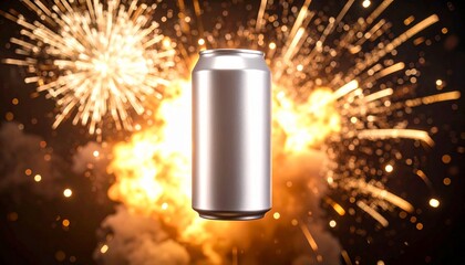 Burst of Refreshment: A photorealistic aluminum can is dramatically juxtaposed against a backdrop of an explosive burst, conveying energy, and a sense of excitement.