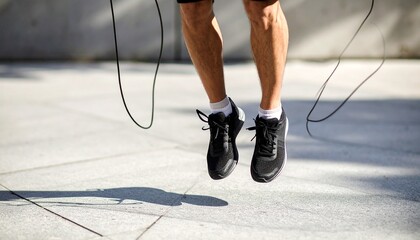 Jump Rope Fitness: Active person jumping rope outdoors, legs and feet in mid-air, wearing athletic shoes.
