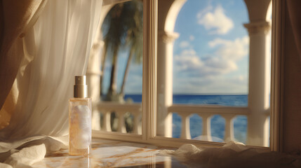 Luxury fragrance bottle displayed by a scenic ocean view through an architectural window structure.