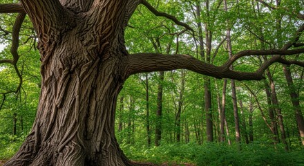 Majestic ancient oak tree with gnarled bark stands tall in a vibrant green sunlit forest canopy overhead casting dappled light on the forest floor surrounded by lush undergrowth and distant trees