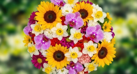 Fototapeta premium Vibrant Sunflower and Orchid Bouquet Arrangement with Delicate Daffodils and Carnations