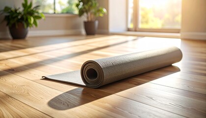 Rolled Yoga Mat: The inviting image of a rolled yoga mat lies on a warm, polished hardwood floor. The setting sun streams through the window, creating a sense of peace and inviting wellness.