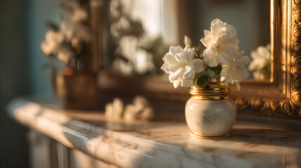 White blossoms in a marble vase, golden trim, reflecting light; a touch of elegance and refined beauty.