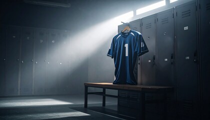 Lone Jersey in the locker room: Capturing the somber mood of a deserted locker room, where a single jersey hangs under a beam of light. Evoking a sense of anticipation, preparation.