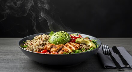 Steaming Hot Quinoa Chicken Avocado Bowl: A Healthy and Delicious Meal Ready to Enjoy