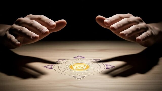 Hands Hovering Over Solar Plexus Chakra Symbol