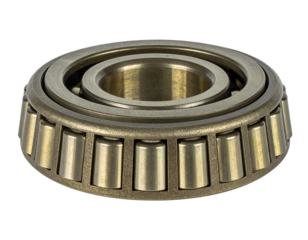 A close-up view of a metallic tapered roller bearing, showcasing its intricate design and individual rollers