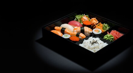 Indulge in this exquisite sushi bento box, a delightful array of flavors and textures perfectly presented.