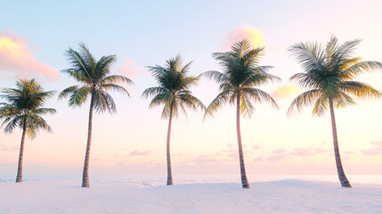 A row of palms stand on a white sand beach, against a pastel sky and calm sea. Vacation paradise!