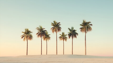 Fototapeta premium Palm Trees at Sunset: A row of palm trees on a sandy dune against a pastel sunset sky.
