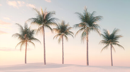 Obraz premium Palm trees stand silhouetted on a sandy beach against a soft, pastel sunset, creating a serene scene.