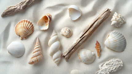 Seashells and driftwood on sand: beach treasures arranged in a calming, summery display.