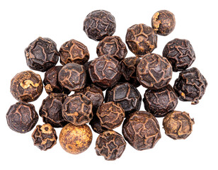A close-up view of a pile of dark brown peppercorns