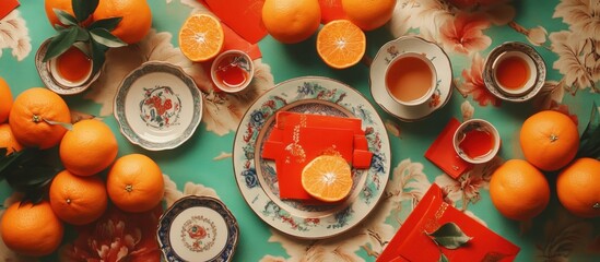 Festive Chinese New Year table setting with oranges, red envelopes, and tea