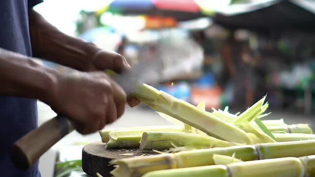 Closeup view of hands cutting fresh sugarcane outdoors in a market highlighting agricultural process and preparation for consumption