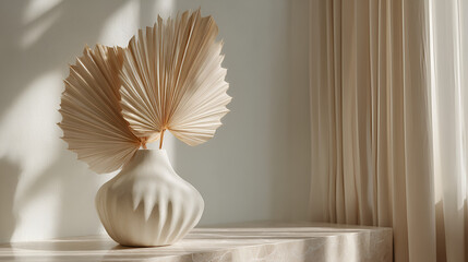 Elegant minimalist vase with dried palm leaves casting shadows in a serene, light-filled space.