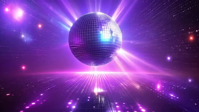 Glowing disco ball suspended over neon-lit grid in retro-futuristic dance scene with vibrant purple and blue hues
