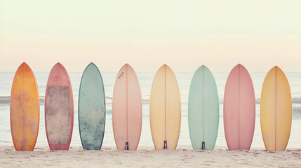 Pastel surfboards lined up on sandy beach against a dreamy ocean backdrop evoke summer vibes and serenity.
