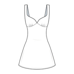 Sleeveless Mini Dress Technical Fashion Illustration. Bodycon Dress Vector Template. Mid-Thigh Length. Clean Seam Lines. Front design. Women’s Wear. Minimalist Silhouette. CAD Mockup.