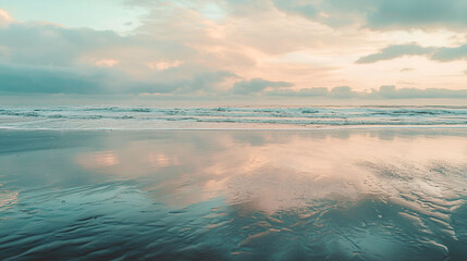Reflective beach at sunset; waves meet sandy shore under a pastel sky in serene seascape scenery.