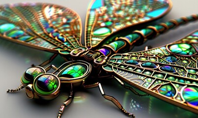 Decorative dragonfly close up art piece with metallic and gemstone details