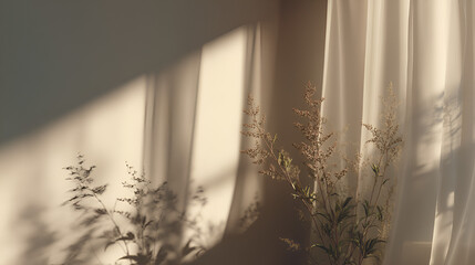 Plants and curtains cast gentle shadows in this serene, light-filled interior space.