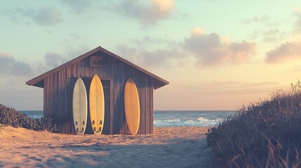 Surfboards at a rustic beach shack as the sun sets on the sea and sandy shoreline. Summer paradise.